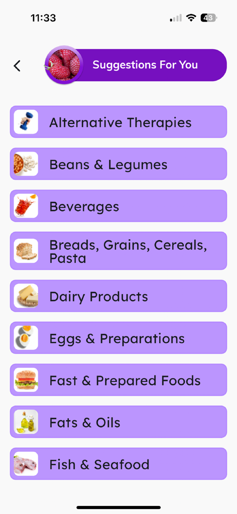 Gout + - Mobile app screen showing a list of food and therapy categories for personalized gout diet recommendations