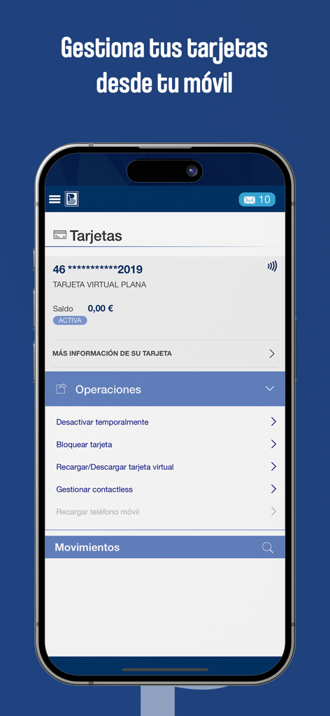 e-pueyo - Interfaz de la app de banca móvil e-pueyo mostrando opciones para gestionar y desactivar tarjetas virtuales y físicas