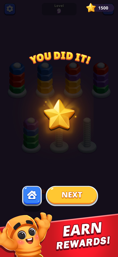 Level complete screen for Nuts Sort Master showing a large gold star victory message and earn rewards banner