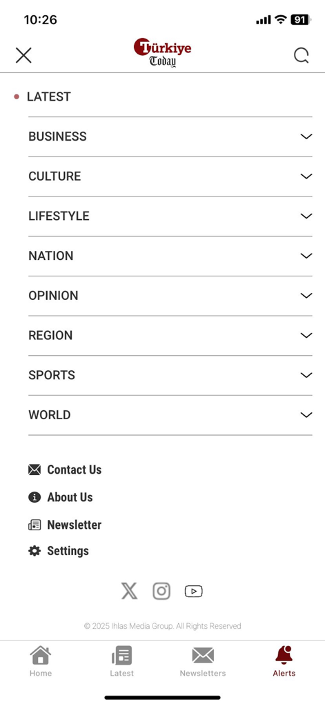 Türkiye Today - The navigation menu of the Türkiye Today app displaying news categories including Business, Culture, Lifestyle, and World news.
