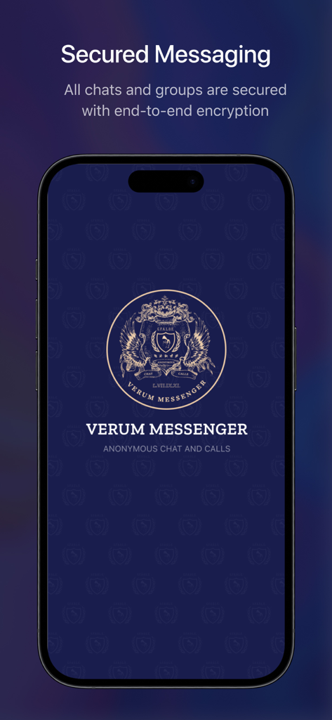 Verum Messenger app splash screen featuring secured messaging and end to end encryption text