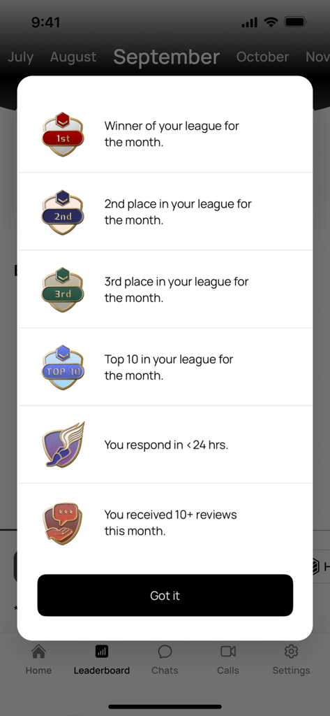 Monthly league achievements and performance badges in the Minnect professional networking app