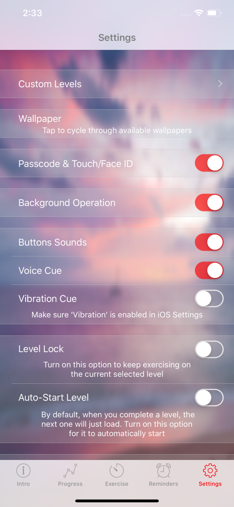 myKegel Kegel Exercise Trainer - The settings screen of the myKegel app showing privacy and exercise customization options.