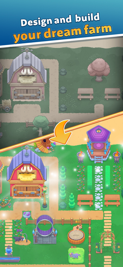 Lingo Legend Language Learning - A before and after comparison showing the progression of designing and building a dream farm in the Lingo Legend app.