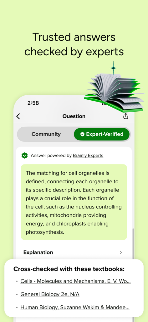 Screenshot of Brainly app showing an expert verified biology answer with cross checked textbooks