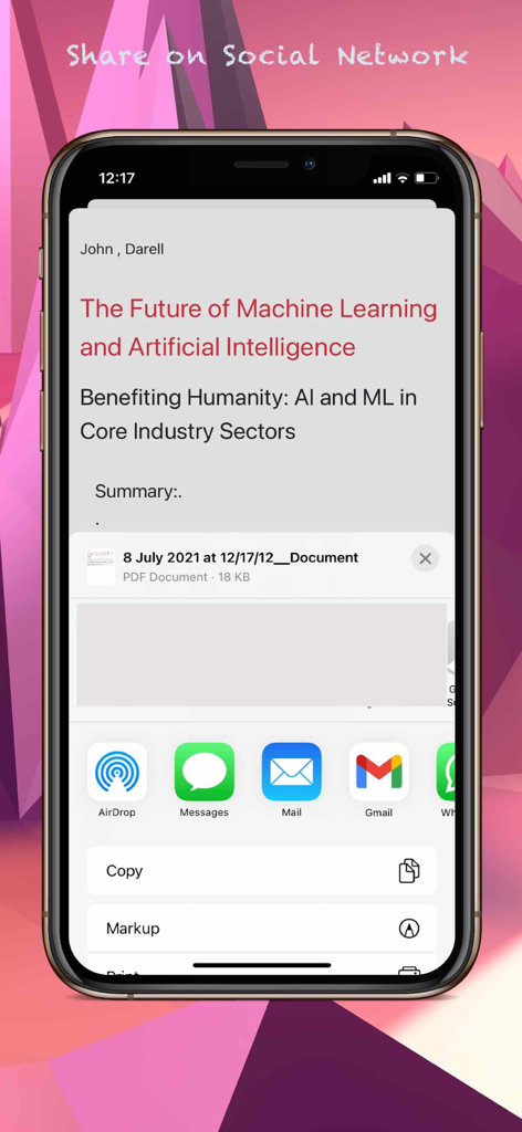 iOS share sheet displaying options to export transcribed text as a PDF to messages and email apps.