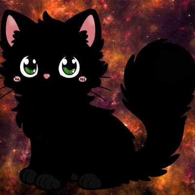 a black kitten with yellow eyes and fluffy tail