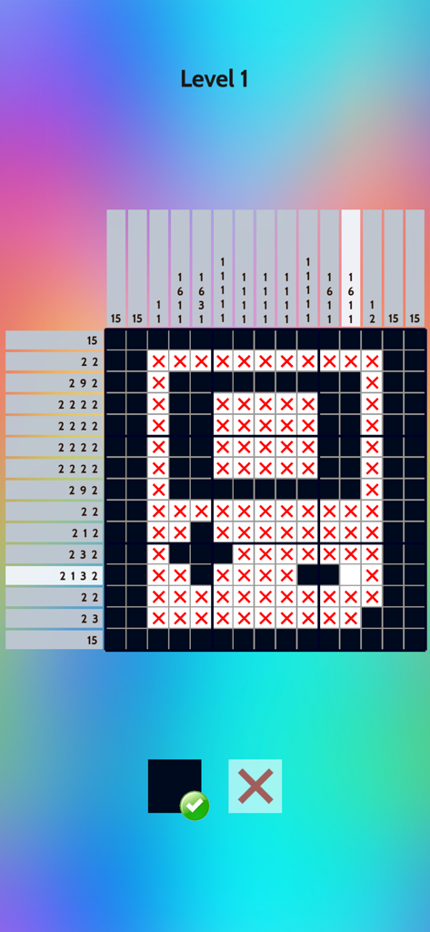 A gameplay screen showing a 15x15 nonogram logic grid with number clues and a partially revealed pixel art image.