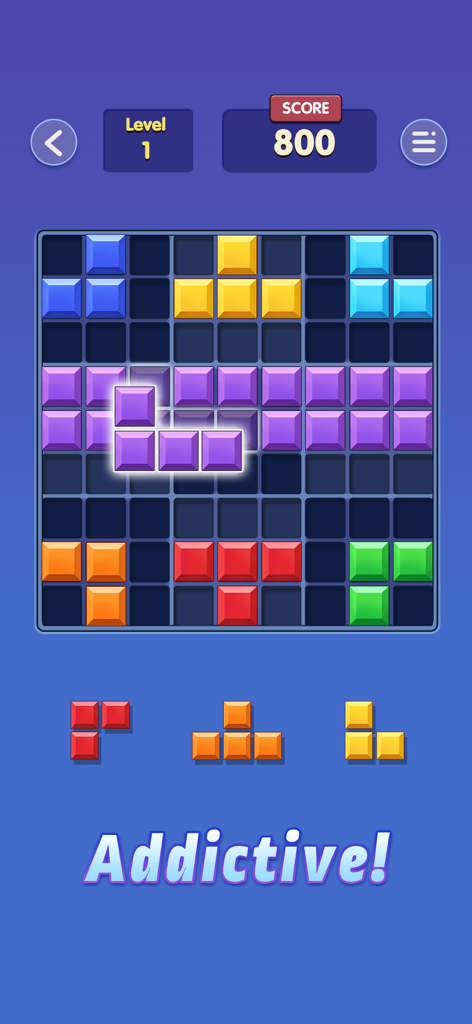 Pantalla del juego Block Master que muestra coloridos bloques de juguete en una cuadrícula de nueve por nueve con el texto Adictivo en la parte inferior