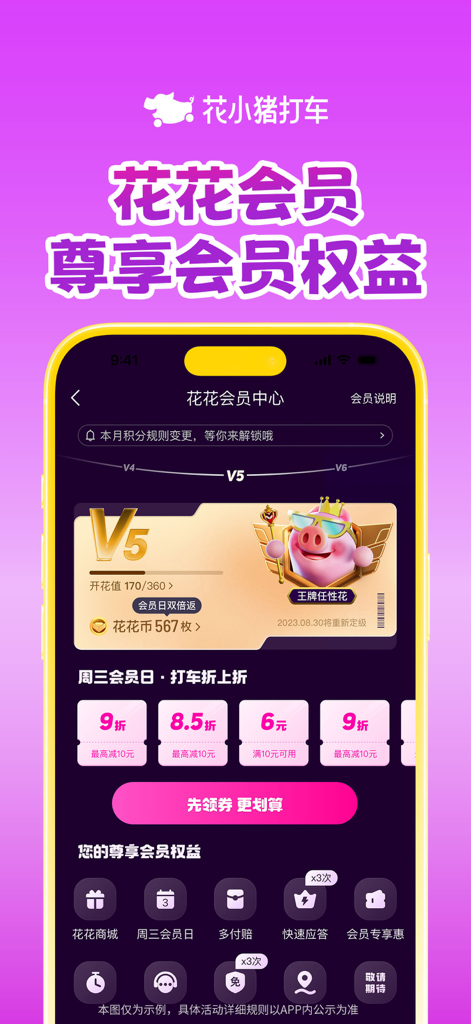 Capture d'écran du centre de membres de l'application HuaXiaoZhu montrant un statut de niveau V5, divers coupons de réduction de covoiturage et une liste d'avantages exclusifs pour les membres.