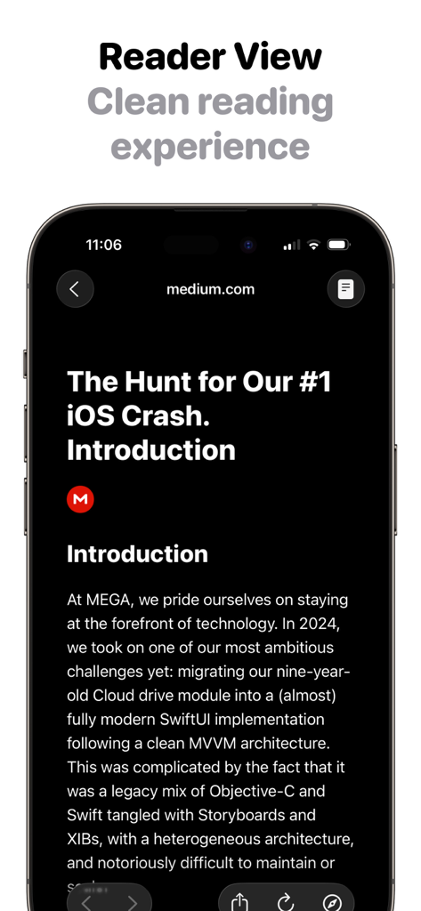 Later | Save Links, Read Later - iPhone screenshot of Later app reader view featuring a minimalist dark mode article interface
