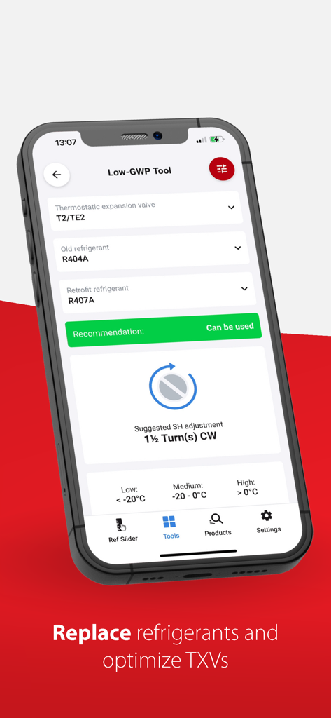 Ref Tools app interface showing refrigerant retrofit recommendations and valve adjustments for HVAC technicians.