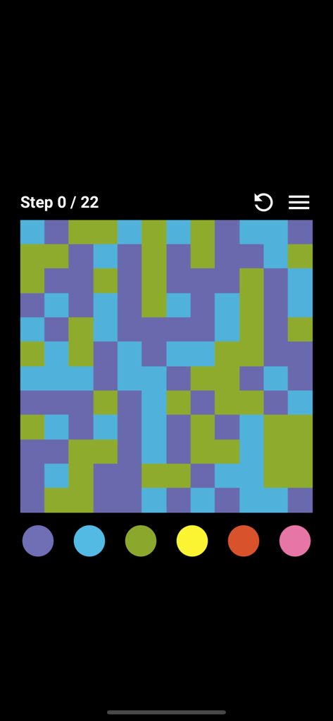 Flood–It! - Interfaz de juego de puzzle de estrategia minimalista que muestra una colorida cuadrícula de cuadrados y un contador de pasos.
