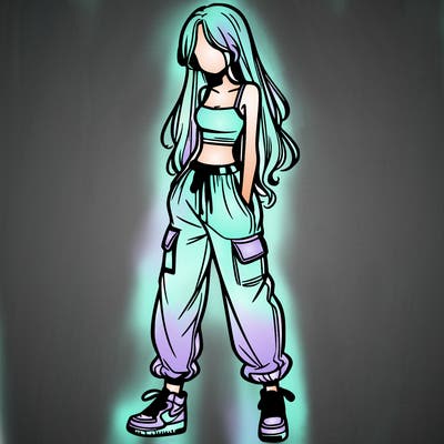 girl in baggy pants crop top and long hair