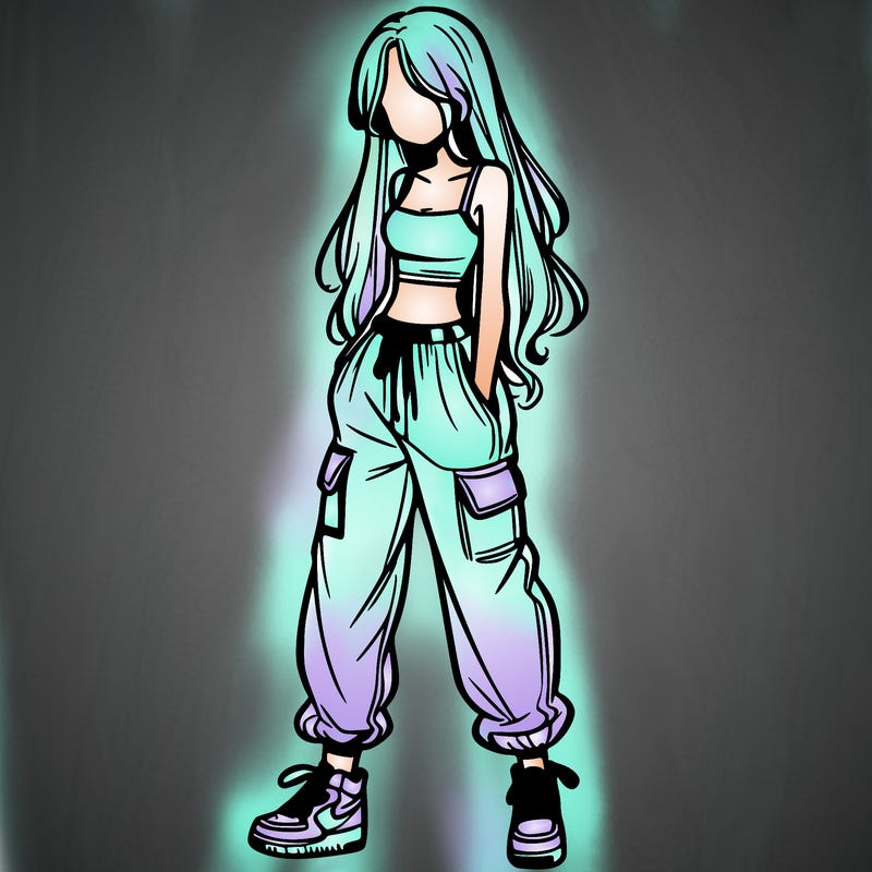 girl in baggy pants crop top and long hair