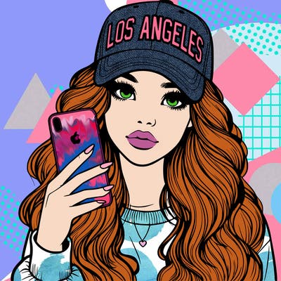 realistic beautiful girl wearing los ángeles cap holding an iphone