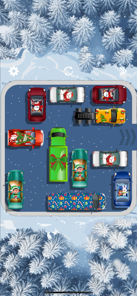 A Christmas themed sliding car puzzle level with snowy background and festive decorated vehicles