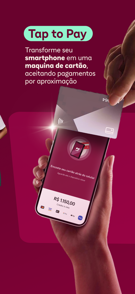 iFood Pago - A person using the Tap to Pay feature on a smartphone to accept a contactless credit card payment via the iFood Pago app.