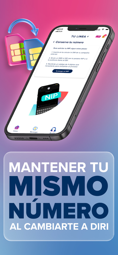 Diri App - Interface of Diri App showing the process to keep your existing phone number when switching to Diri mobile service