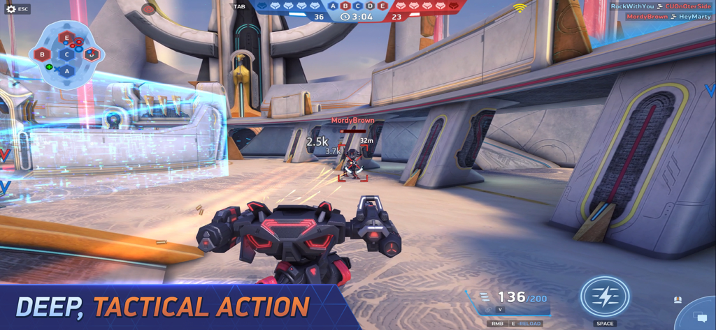 Third-person gameplay of a mecha robot battle in a futuristic arena with tactical HUD and shooting action.