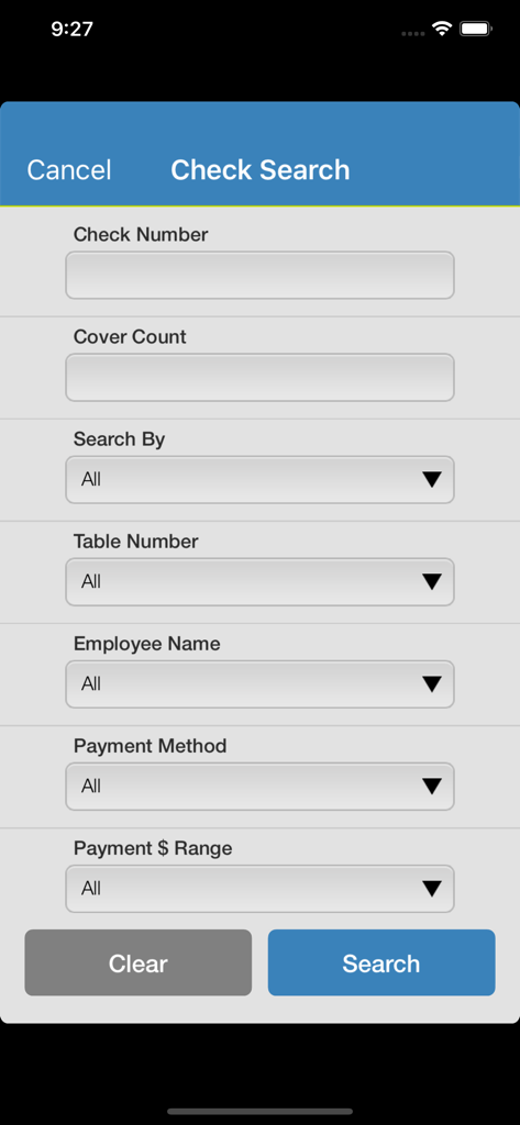 Avero Mobile - Avero Mobile app check search screen with filters for check number table number and employee name