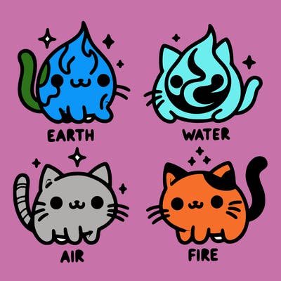 4 cats that represent the different elements, earth, water, air, and fire