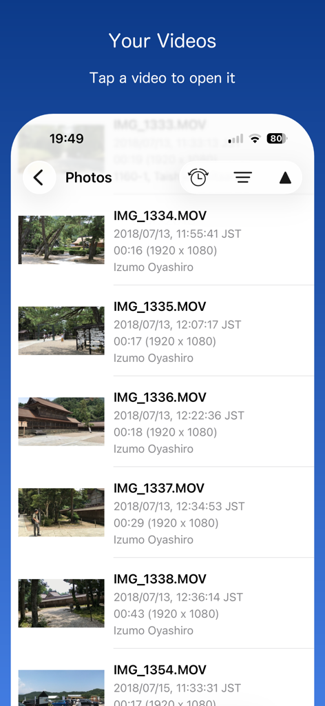Frame Grab - La schermata di selezione video nell'app Frame Grab che mostra un elenco di video con metadati come data e risoluzione.
