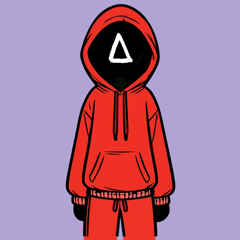 faceless girl in a tracksuit with a hood on and no hair