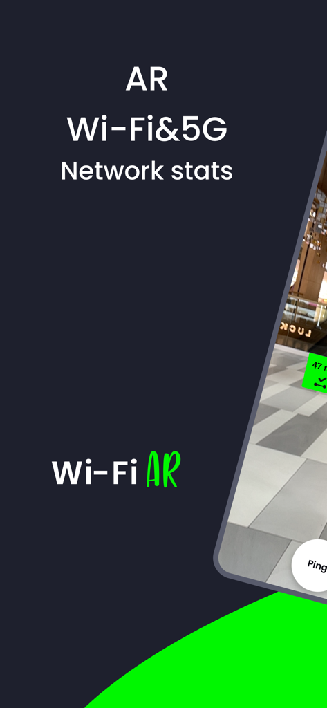 AR WiFi&5G - AR WiFi and 5G app interface showing augmented reality network statistics and ping measurements