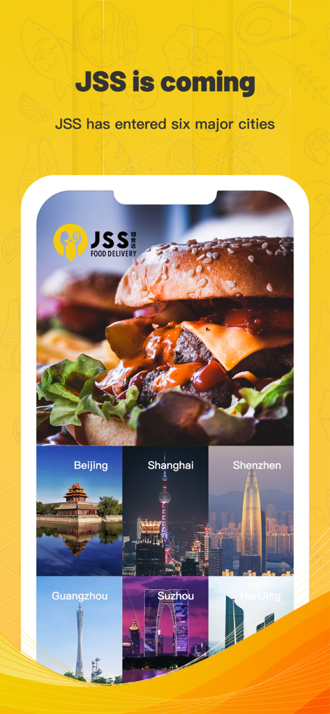 Screenshot dell'app JSS Food Delivery che mostra il servizio in sei importanti città cinesi, tra cui Pechino e Shanghai