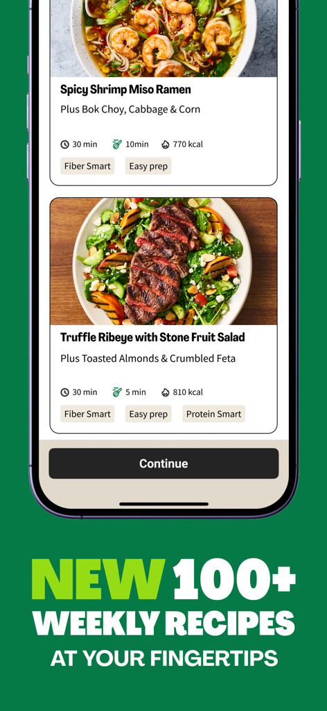 HelloFresh app interface showing a selection of over 100 weekly recipes with nutritional details and cooking times.