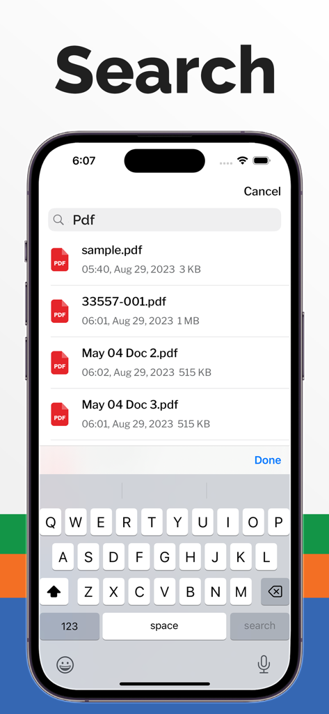 iPhone app screen showing document search results for PDF files.