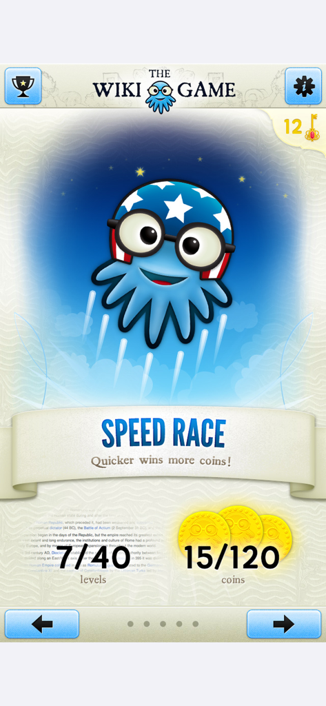 The Wiki Game Speed Race mode screen featuring a blue octopus mascot and level progress statistics