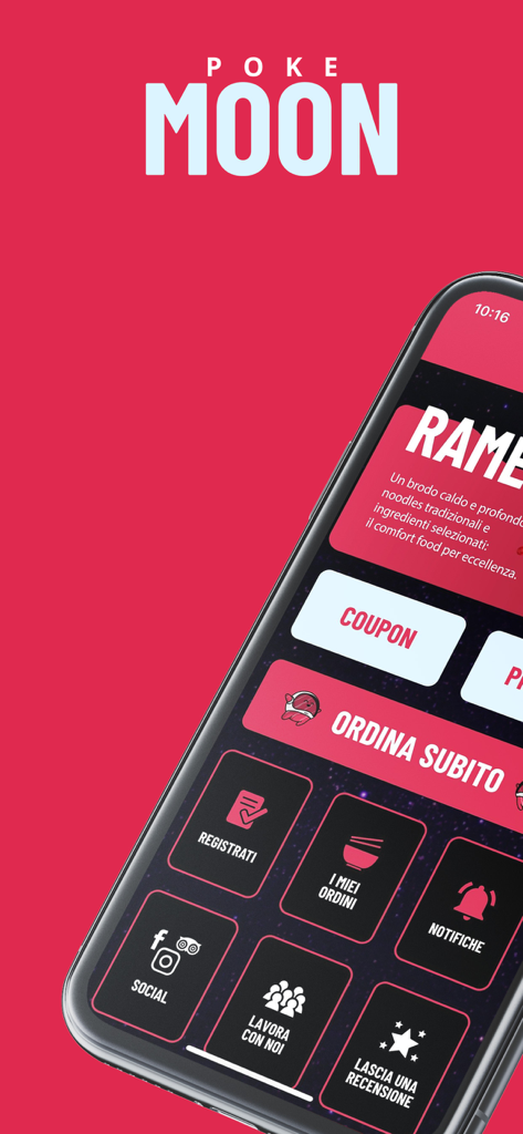 Poké Moon mobile app interface showing menu options for ramen and ordering on a pink background