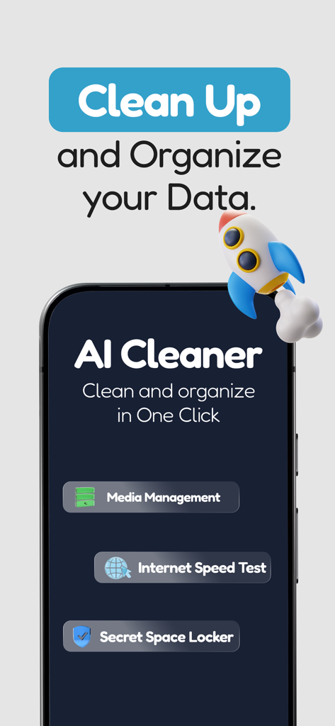 Phone Clean Up - Speed Clean - Pantalla de inicio de la aplicación AI Cleaner que muestra funciones como Gestión de Medios y Prueba de Velocidad de Internet