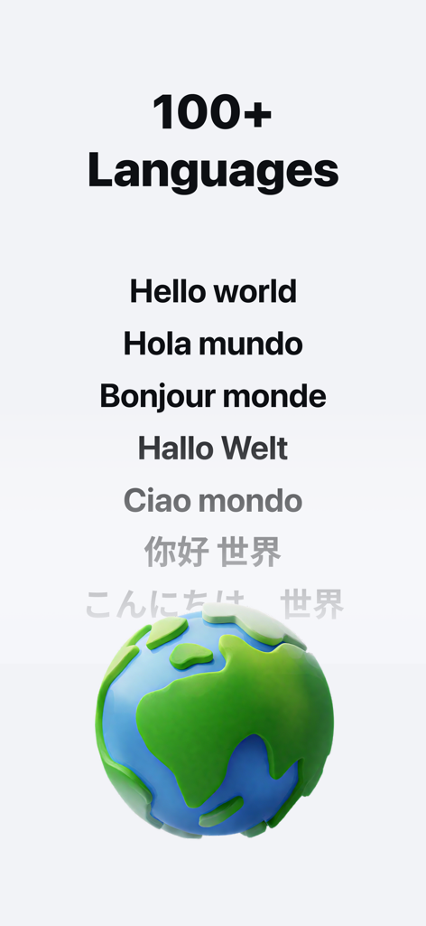 HiNoter - Al Note Taker - Captura de pantalla de la aplicación HiNoter destacando el soporte para más de 100 idiomas con una ilustración de globo terráqueo 3D.