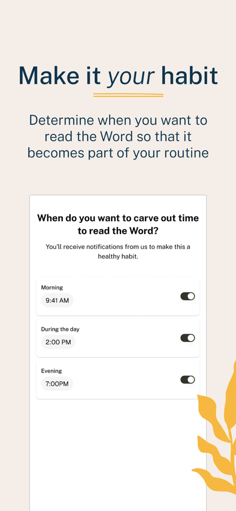 Scripturly - Scripturly app interface for scheduling daily Bible reading reminders to build a spiritual routine