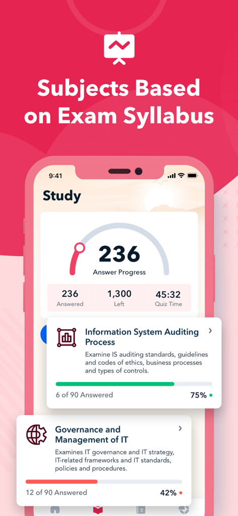 ISACA CISA Exam Prep 2026 - Mobile app interface showing CISA exam syllabus subjects and individual study progress for each domain