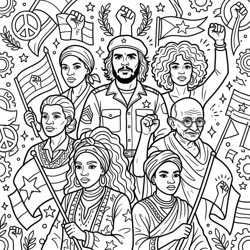 Embark on a creative journey with this inspiring coloring page featuring legendary revolutionary leaders who shaped history. This intricate design offers a unique way to connect with powerful stories of change and resilience.