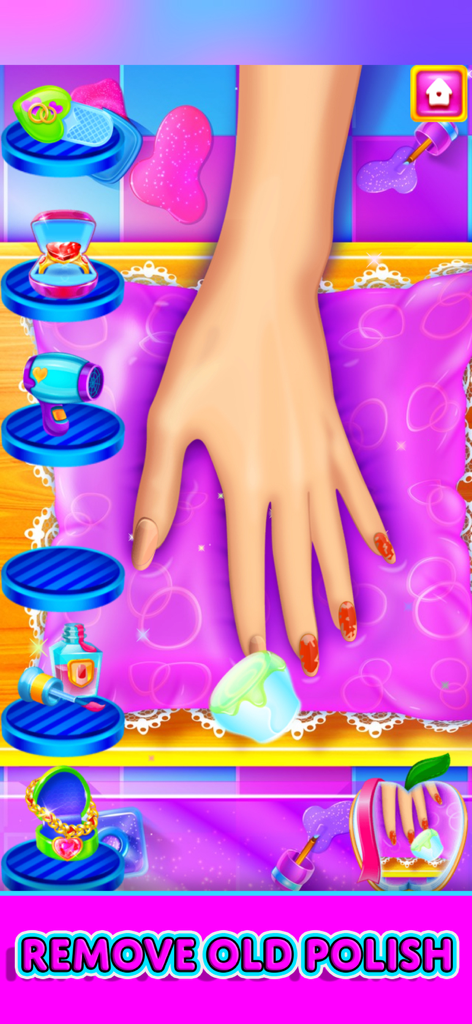 Nivel de manicura en Mommy Beauty Salon Simulator mostrando una mano limpiándose el esmalte de uñas viejo.