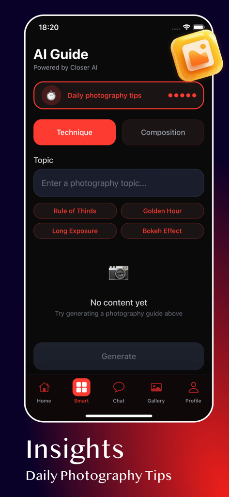 Closer - Join chat - Pantalla de la aplicación móvil que muestra una guía de fotografía IA con consejos diarios sobre técnica y composición.