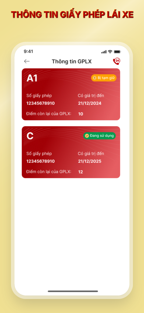 VNeTraffic - Smartphone screen showing digital driver license information and license status in the VNeTraffic app.