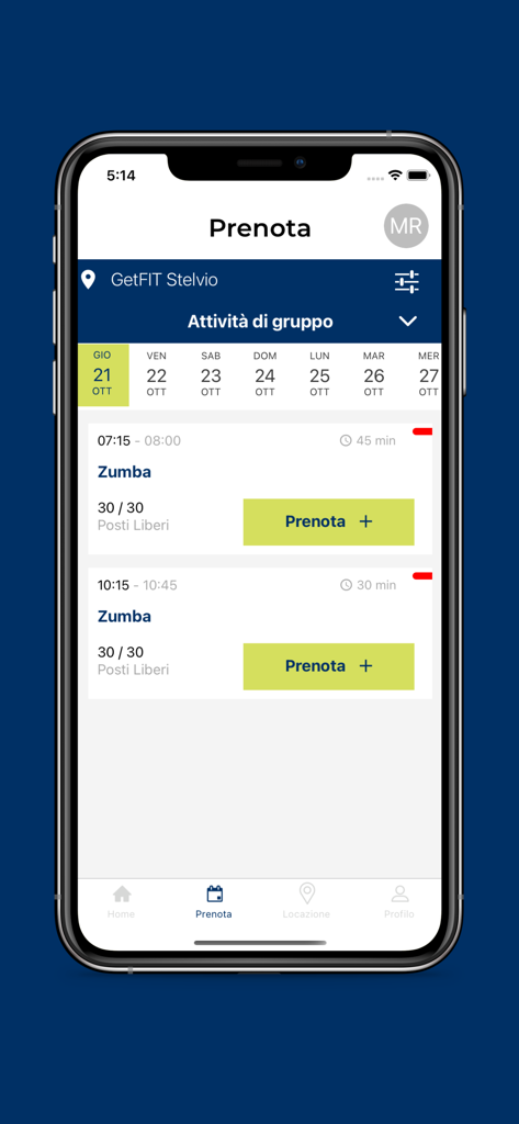 GetFIT Lifestyle - Screenshot dell'app GetFIT Lifestyle che mostra le opzioni di prenotazione per la lezione di Zumba