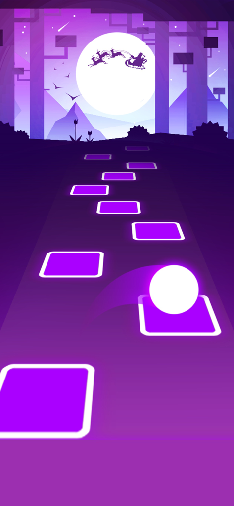 EDM HOP: Music Tiles Rush - A white ball bouncing on neon purple tiles in a Christmas themed level with Santa and his reindeer flying across a full moon.