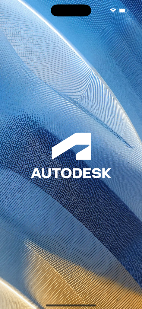 Autodesk | Events - Splash screen of the Autodesk Events mobile app showing the white Autodesk logo and name over a blue and gold abstract architectural pattern.
