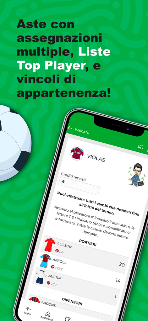 Fantaclub - Interfaccia dell'app Fantaclub che mostra elenchi di giocatori di calcio e budget della squadra.