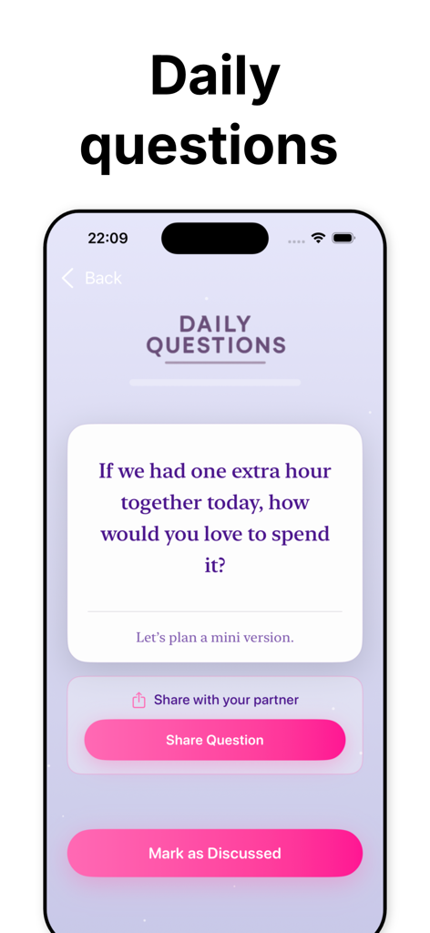 Relationship Game For Couples - Screenshot of the Daily Questions feature in the Relationship Game For Couples app showing a communication prompt for partners.