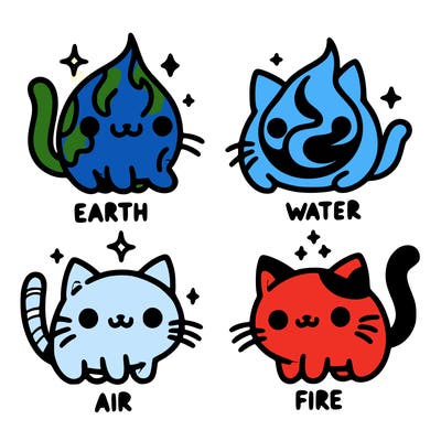 4 cats that represent the different elements, earth, water, air, and fire