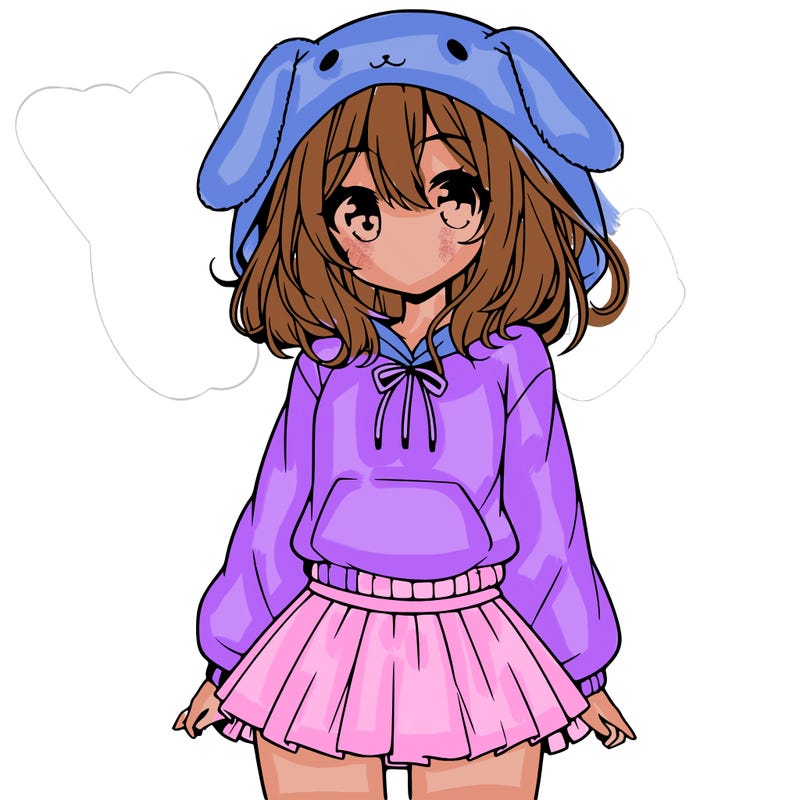 pretty anime girl wearing a fluffy hoodie with bunny ears on the hood and a skirt