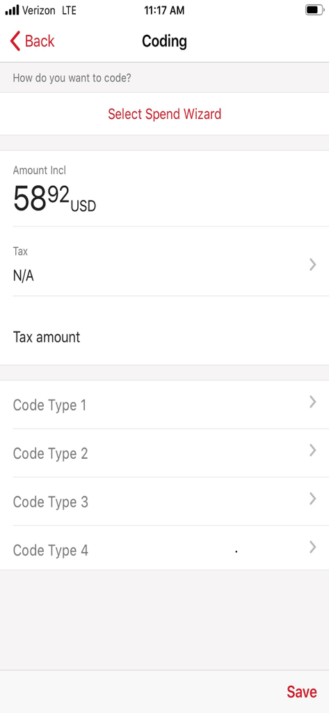 WellsOne Expense Manager - User interface of the WellsOne Expense Manager app showing transaction coding options for a 58.92 USD expense